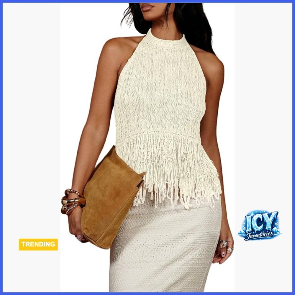 Acrylic Knit Sweater Vest Halter Neck Fringe Trim Sleeveless